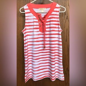 Michael Kors Women's Sleeveless Tank Top Medium Pink Salmon Stripes Stretchy